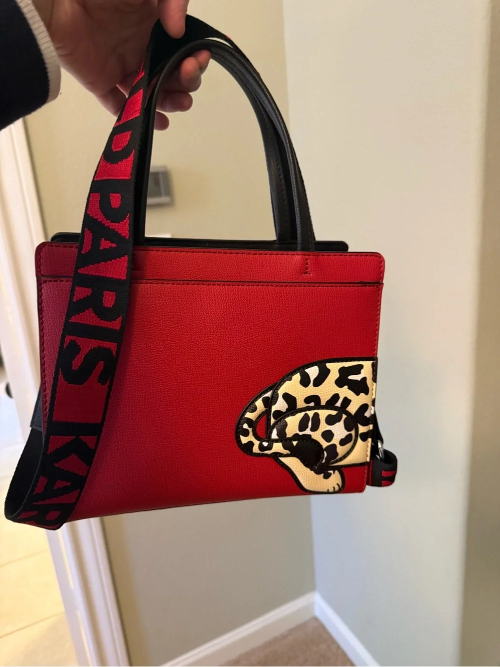 Karl Lagerfeld Red Satchel with Leopard Patch and Branded Strap